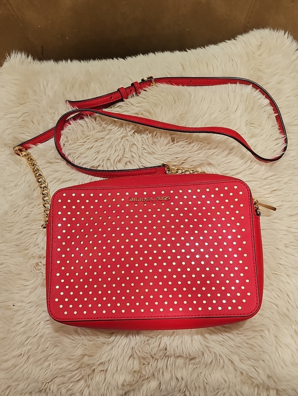 MICHAEL KORS TOOLED SM/MD CROSS BODY RED LEATHER HANDBAG 1/2 CHAIN STRAP NWOT